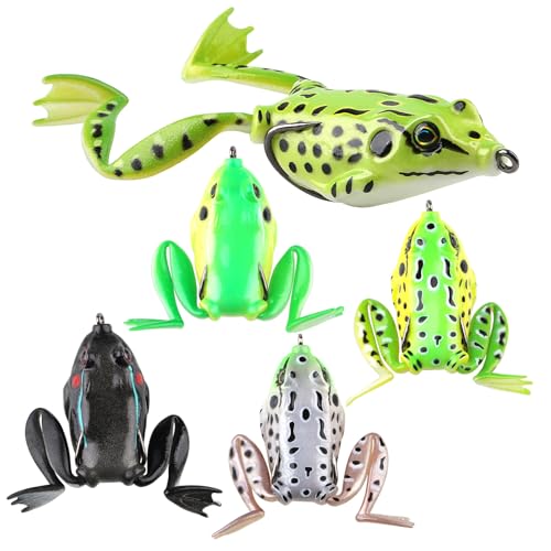 Weedless Topwater Frog Lures - 5PCS Hollow Body Frog Lures for Walleye Fishing, Realistic Soft Plastic Swimbaits with Double Hooks for Freshwater Saltwater, Musky Pike Trout Snakehead