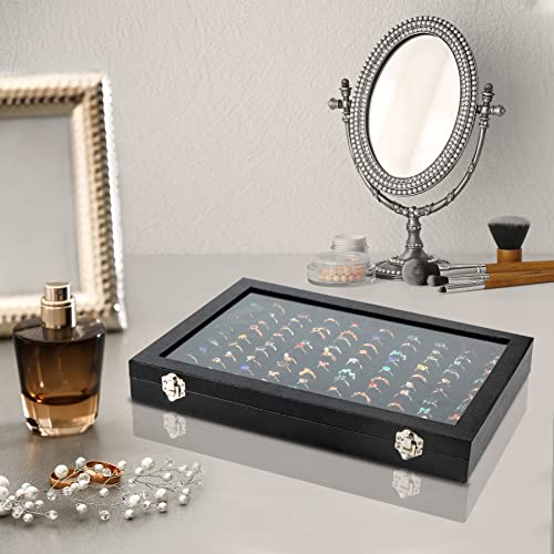 Ring Display Case Organizer Box with Transparent Lid, 100 Slots Ring Storage Display Box Case Tray Holder PU Leather Black - color: Black, size: Ring tray