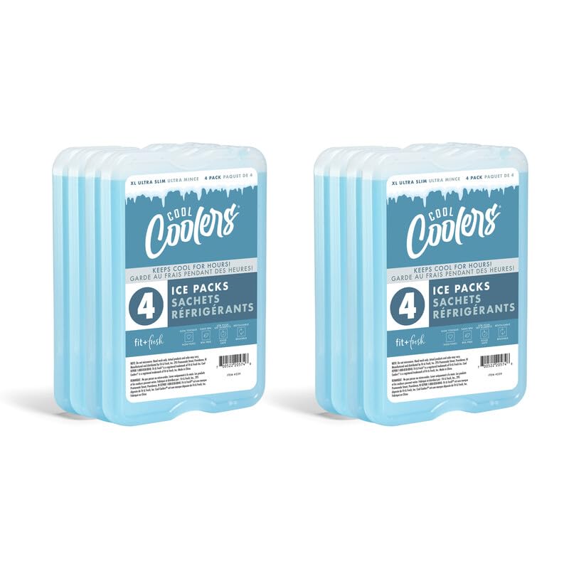 Cool Coolers by Fit & Fresh 4 Pack XL Slim Ice Packs, Quick Freeze Space Saving Reusable Ice Packs for Lunch Boxes or Coolers - color: Blue (8 Pack)