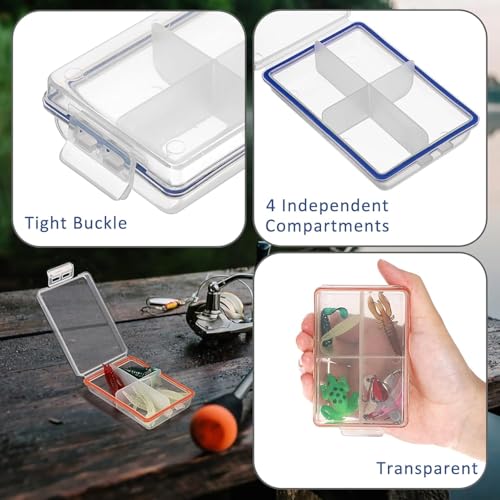 JUXYES 12 Pack Plastic Small Fishing Tackle Box Organizer with 4 Compartments, Clear Mini Fishing Tackle Storage Boxes with Dividers, Transparent Fish Pocket Tackle Storage Box Lure Box - size: 12 Pack