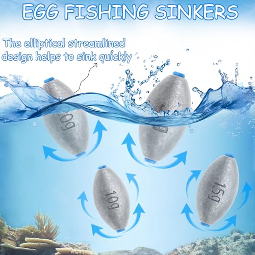 Egg Fishing Sinkers Weights Assortment, 26pcs 5/6 Size Bullet Fishing Weights Lead Oval Shape Bass Casting Worm Bullet Tackle for Saltwater Freshwater Fishing - size: 6 sizes-26pcs