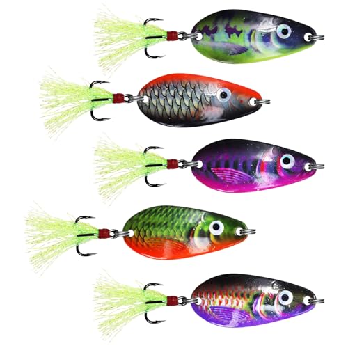 Fishing Spoons, Wide-Body Trolling Spoons with Treble Hooks for Bass, Trout, Pike, Walleye, Catfish Fishing Spoon Lures 5-Pack - color: 3/8oz feathered treble hook spoons