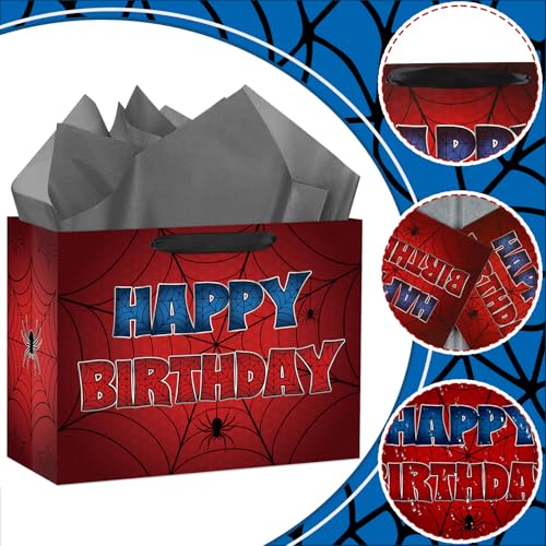 Hooqict Spider Gift Bag Happy Birthday Gift Wrapping Bag with Handles, Tissue Paper, Greeting Card for Kids Boys Teens Men Goodie Candy Treat Gift Box Spider Web Birthday Party Favors - color: Spider