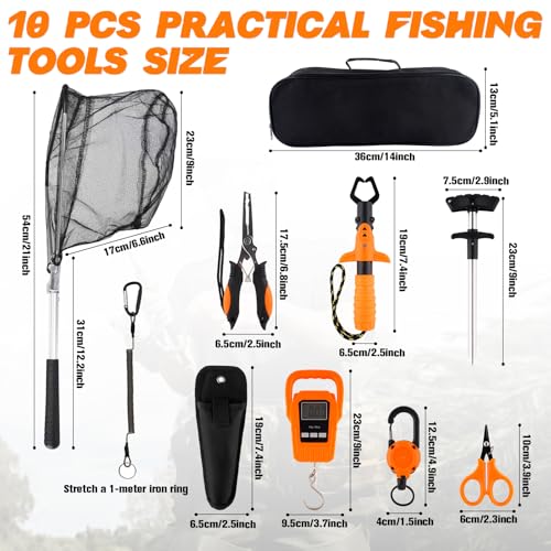 Hikary 10 Pcs Fishing Tool Kit,Folding Fishing Net Set with Storang Bag,Pliers with Lanyard and Protective Sheaths,Hook Remover,Fish Gripper,Fish Scale,Scissors for Fisherman Travel Gifts - color: Orange