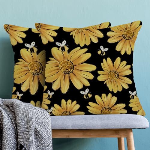 Summer Pillow Covers 18x18 Inch Set of 2 Black Background Yellow Floral Bee Throw Pillows Outdoor Decorative Spring Floral Bee Pillowcases Linen Cushion Cases for Bed Sofa Couch - color: Black Sunflower Bee, size: 18" x 18" (Pack of 2)