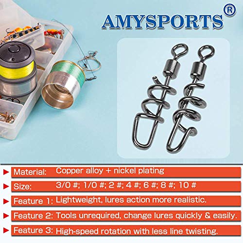 AMYSPORTS Fishing swivels Corkscrew snap swivels Fishing Tackle swivels Saltwater Freshwater Leader Lure jigs line Connector - size: Size1/0 (132lb) 50 pcs