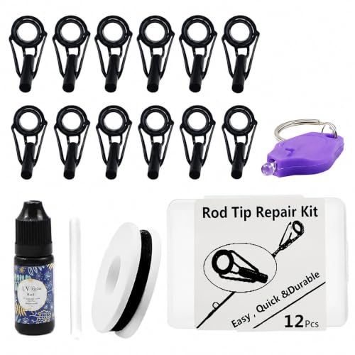 Fishing Rod Tip Repair Kit with UV Light & Glue | Complete Pole Tip Replacement Supplies for Broken Rods | 14 Sizes Top Eyelets, Wrapping Thread | Fishing Rod Repair Kit & Pole Repair Kit - color: 10+12+16#