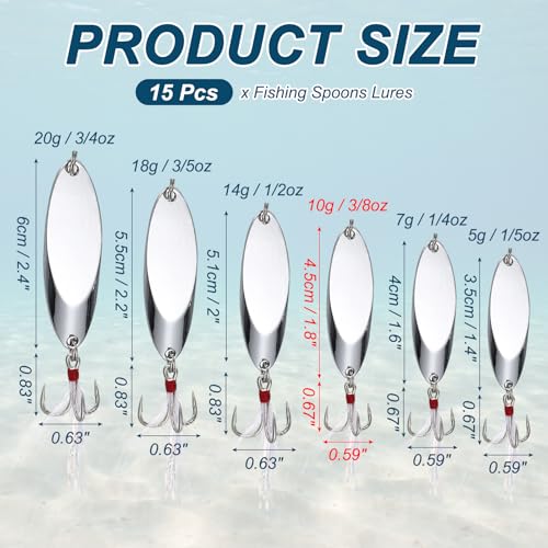 Fishing Spoons Lures, Metal Saltwater Treble Trout Lures Jigging Spoon with Treble Hooks Spinner Baits for Freshwater - color: Silver, size: 10g / 3/8oz