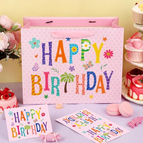 Hooqict Large Pink Gift Bag Happy Birthday Gift Wrap Bag with Handles, Tissue Paper, Greeting Cards for Kids Girls Women Pink Birthday Party Mom Mothers Day Bags - color: Pink Happy Birthday