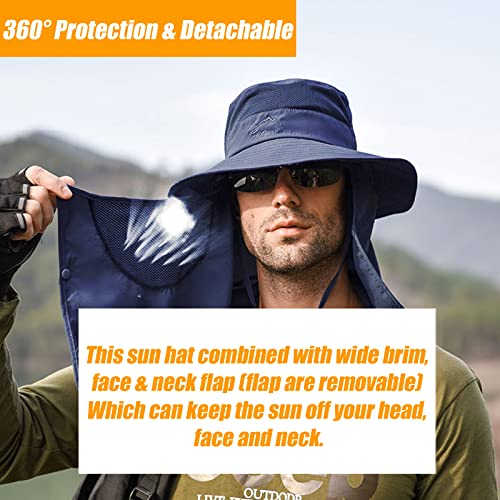 Fishing Hat for Men & Women, Outdoor UV Sun Protection Wide Brim Hat with Face Cover & Neck Flap - color: Dark Blue
