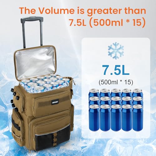 Goture 66L Rolling Tackle Box with Cooler, Khaki Large Fishing Bag with Wheels for 5 3700 Trays(Trays Not Included), Saltwater Resistant Tackle Backpack with Rod Holders - color: Khaki, size: No Trays