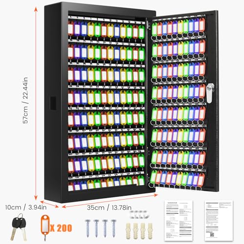 Nebakne 200 Keys Key Cabinet, Anti-Theft Key Lock Box with Key Tags, Adjustable Key Organizer Wall Safe for Car Office House Garage Rental Business - color: Black, size: 200 Key Hook