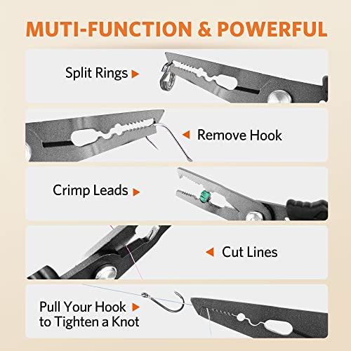 Saltwater Fishing Pliers, Split Ring Pliers for Fishing with Safety Lock, Fish Pliers with Sheath and Lanyard, Fishing Gifts for Men - color: F-black