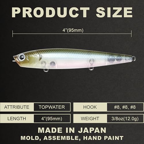 LUCKY CRAFT Gunfish 95 3 Hook Freshwater Fishing Lures and Bait for Bass Fish, Topwater Fish Line, Surface Bait with Treble Hooks, Fishing Gear for Tackle Box - color: 238 Ghost Minnow
