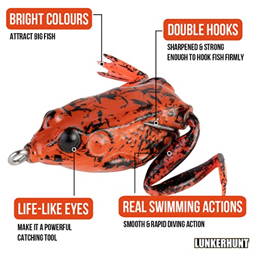 LUNKERHUNT Frog Lure for Bass Fishing | Pocket Frog Fishing Lure 1.75 Inch | Topwater Fishing Lures, Soft Hollow Body, Weedless Hooks for Trout, Pike in Saltwater and Fresh Water - style: Fire Belly
