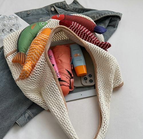 Knitted Beach Shoulder Bag for Women 3D Fish Bohemian Tote Versatile Purse Soft Hobo Handbag for Summer Vacation 2026 - color: B Khaki