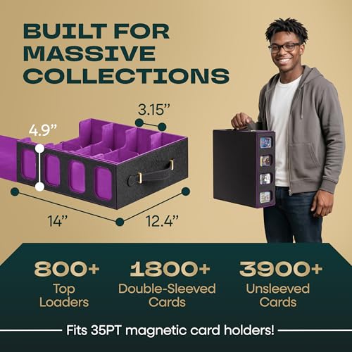 4-row Trading Card Storage Box with Display Windows | Magnifier Ruler, 2 Display Stands, 7 Cardholders & 24 Category Tabs Included | 3000+ Card Case with Magnetic Closure, Black Purple Card Box - color: Black, Purple (4 Row)