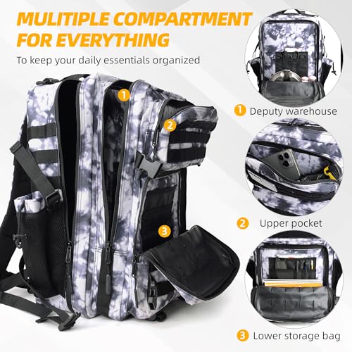 LUPU TACTICAL 45L Backpack for Men and Women 3 Days Assault Pack Outdoor Travel Hiking Camping Rucksack with Molle Webbing (Black and White)