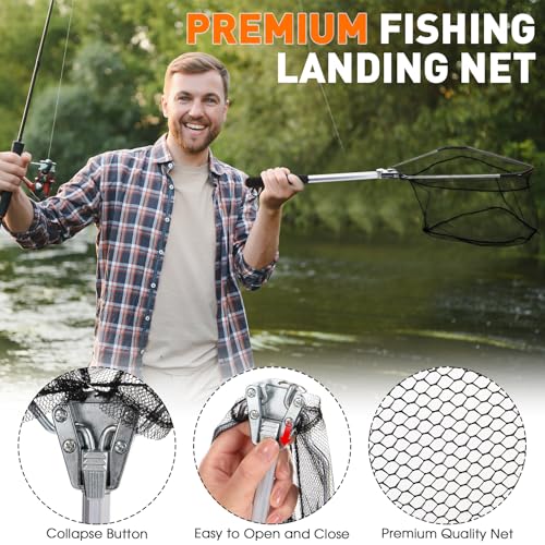 RoundFunny 10 Pcs Fishing Tool Kit, Fishing Pliers with Lanyard and Protective Sheaths, Landing Net, Fillet Knife, Fish Scale, Gripper, Hook Remover, Braid Scissors, Gloves for Men Dad Gift - color: Orange