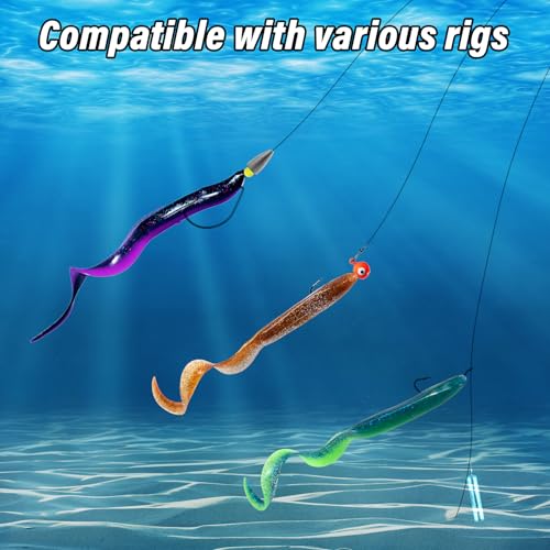 Dr.Fish 5 Pack Sand EEL Lures Saltwater Soft Fishing Lures Swimbait 6 Inch 3/8oz Surf Fishing Creature Baits Soft Plastic Artificial Ribbontail Worm - color: Green/Blue Flash