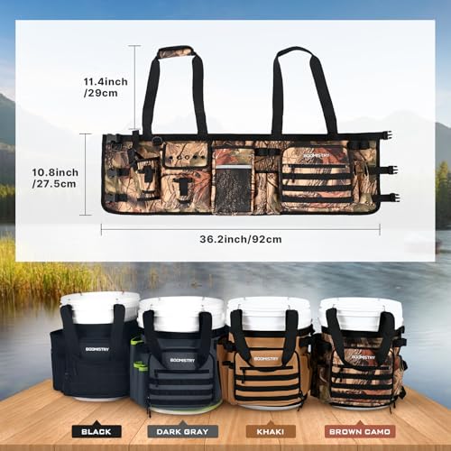 Boomistry Fishing Bucket Organizer for 5 Gallon Bucket, Brown Camo | 15 Multi-Pockets, 4 Built-in Rod Holder Storage, 3 Adjustable Buckles, for All Fishing Gear & Tackle Accessories - color: Brown Camo