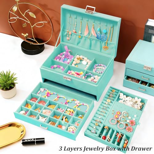 QBestry 3-Layer Jewelry Box for Girls & Teens with Lock and Key, Large Jewelry Organizer with 8 Necklace Hooks & 56 Earring Holes, Teal Velvet Jewelry Storage Box for Necklaces Earrings Rings Bracelet - color: Turquoise