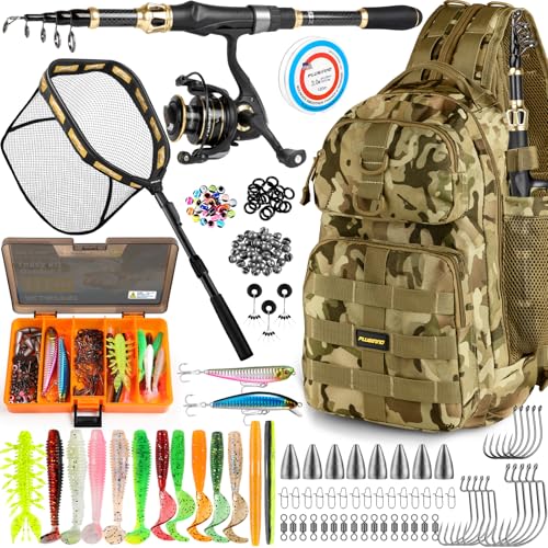 PLUSINNO Fishing Rod and Reel Combo, Backpack, Net, Bag with Rod Holders and Tackle Box for Freshwater/Saltwater, Fishing Gifts for Men - style: Khaki Backpack With Rod&net