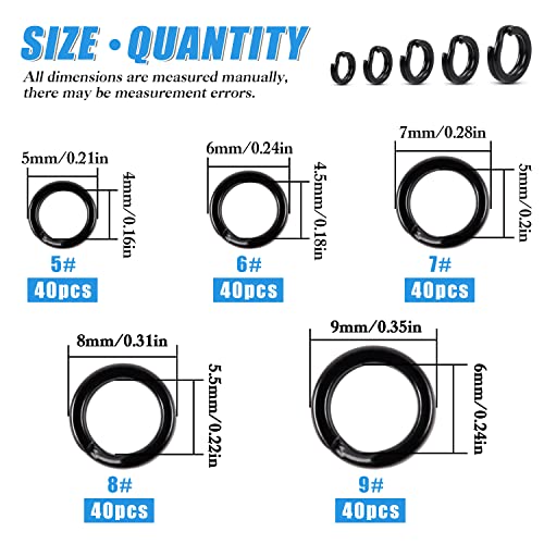 Fishing Split Rings Set,200pcs Stainless Steel Lure Rings Heavy Duty Double Flattened Hyper Wire Snap Ring Saltwater Lure Tackle Connector for Jigging Trolling - color: Black(200pcs Kit)