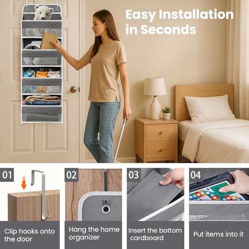 Over The Door Organizer with LifetimeWarranty, 4 Shelves & 4 Side Pockets, Large Storage Rack Holds 44lb, Heavy-Duty Reinforced Mesh Shelf for Bathroom, Closet, Toy Organization, Shoes, Towels, Grey - color: Grey, size: 4 shelf