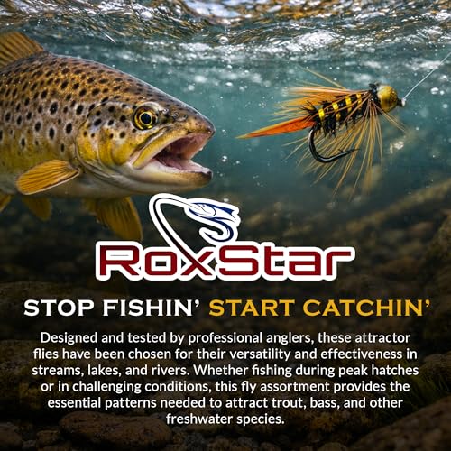 RoxStar Fishing Fly Shop, Premium Stimulator Dry Fly Assortment, Emerger Hatch Pack, Nymph Fly Hatch Pack for Trout and Bass