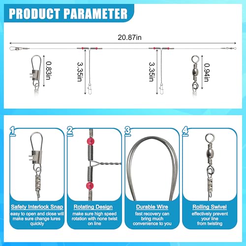 Fishing Leaders Saltwater Tackle Surf Fishing Rigs Bottom Hi-Low Rig High Strength Wire Leader Line with Swivel Snaps Beads Gear Equipment for Lures Bait Hooks - size: 2 arm,12packs