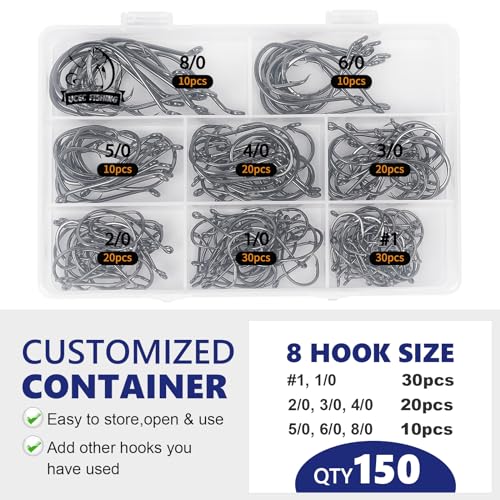 UCEC Circle Hooks Fishing Hooks 2X Strong Offset Circle Hooks Saltwater Black High Carbon Steel Octopus Catfish Hooks Fishing Gear Tackle 150pcs/ 240pcs - Size:#1 1/0 2/0 3/0 4/0 5/0 6/0 8/0 - color: Silver Assortment, size: 150pcs, #1 1/0 2/0 3/0 4/0 5/0