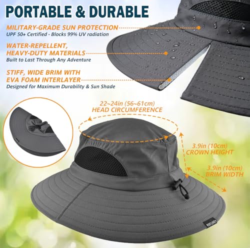 Wide Brim Sun Bucket Hat, Waterproof Boonie Hat for Men & Women | UPF 50+ UV Protection, Adjustable Fit, Chin Strap & Sweatband, Foldable Durable for Fishing Hiking Garden Beach - color: 01 Dark Grey