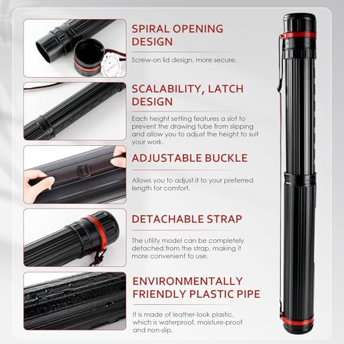 DEWEL Adjustable A0 Poster Tube 25.2"-42.5", Waterproof Plastic Black Storage Tube, Telescopic Poster Roll Artist Drawing Tube with Strap for Drawing, Blueprints, Maps, Flip Chart, Black - color: Black (Striped), size: Large