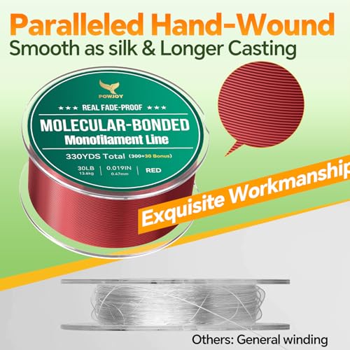 Monofilament Fishing Line with Knot Guide Card, Tangle-Free Snap Ring for No More Mess, Low Memory Smooth Casting Nylon Mono String, 15/20/30/50/80LB, 220-1050 Yards - color: Red, size: 30LB 330Yards
