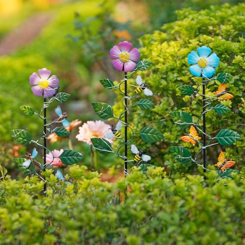Set of 3 Solar Garden Lights,23'' H Flowers＆Insect Decorative Garden Stakes,Waterproof Metal Spring Yard Art Decor,Solar Stake Lights for Outside,Lawn,Yard,Patio - color: Flowers-3Pack