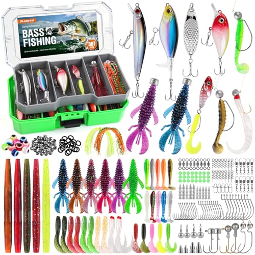 PLUSINNO Bass Fishing Lures - Pro Tackle Box Kit for All Water, 307 pcs | Largemouth Smallmouth Bass Fishing Kit, Freshwater, Lake, 6 Pre-rigged Rigs for Ready to Use, Beginners Fishing Tackle - color: green