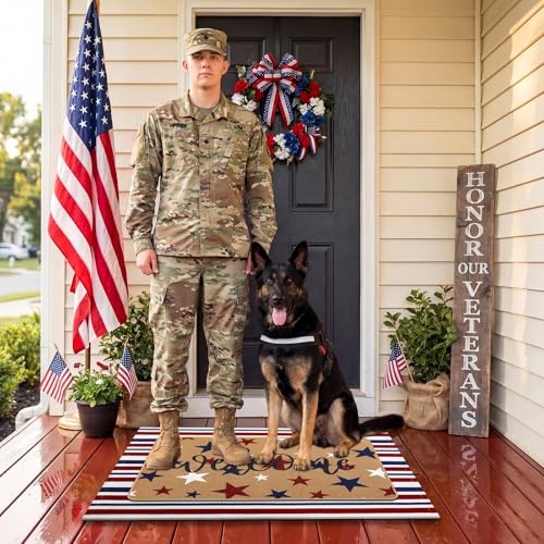Tinideya 2 Pcs 4th of July Patriotic Door Mat Outdoor 250th Anniversary Welcome Front Door Mat Layered Red White Blue Stars Stripes Entryway Rug Non Slip Independence Day Decor for Front Porch Outside - size: 16 x 28 Inch,24 x 35 Inch, style: Star