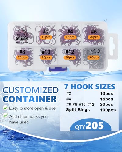 UCEC Fishing Hooks Treble Hooks Kit for Saltwater Freshwater, High Carbon Steel Strong Sharp Round Bend for Catfish Trout Hard Baits Lures, Size #1#2#4#6#8#10#12#14 110/50/210 Pack with Split Rings - style: 100pcs Split Rings & 105pcs Red Hooks #2 #4 #6 #
