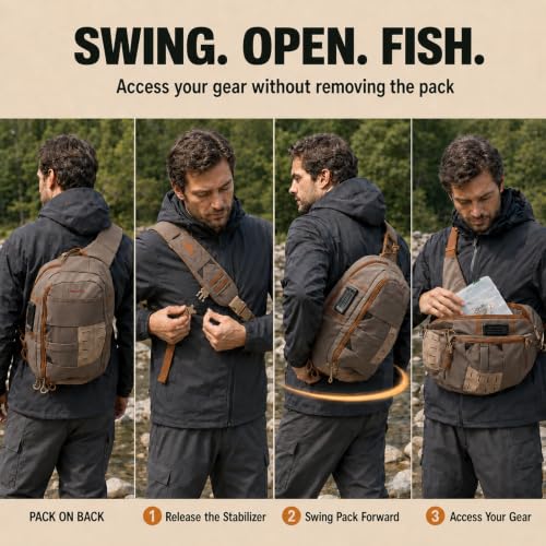 Fly Fishing Sling Pack for Wading, Trout and Bass Fishing | MOLLE Modular Storage System,Quick Rotation Access,Lightweight 1.5lb Design,