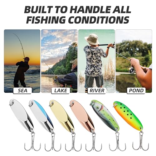 Jigging Spoon Fishing Lure Set 6-Pack Metal Saltwater & Freshwater Casting Spoon Hooks Premium Durable Treble Hooks for Bass, Salmon & Trout Fishing - size: 1/8 oz