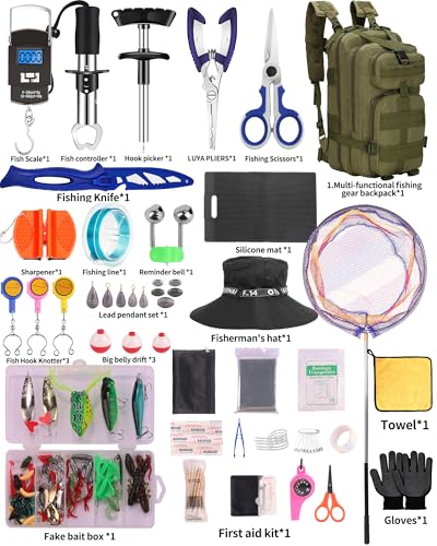 Fishing Tool Kit - 112pcs Fishing Gear & Equipment, Fish Pliers, Hook Remover, Scale, Scissors, Lip Gripper, Lures - color: Blue and fisherman's hat