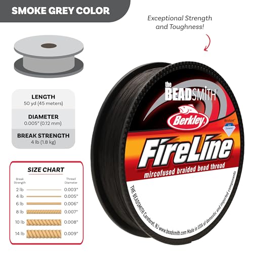 The Beadsmith Fireline by Berkley – Micro-Fused Braided Thread – 4lb. Test, .005”/.12mm Diameter, 50 Yard Spool, Smoke Grey – Super Strong Stringing Material for Jewelry Making and Bead Weaving - color: Smoke Grey, size: 4lb, .005”, 50 yard