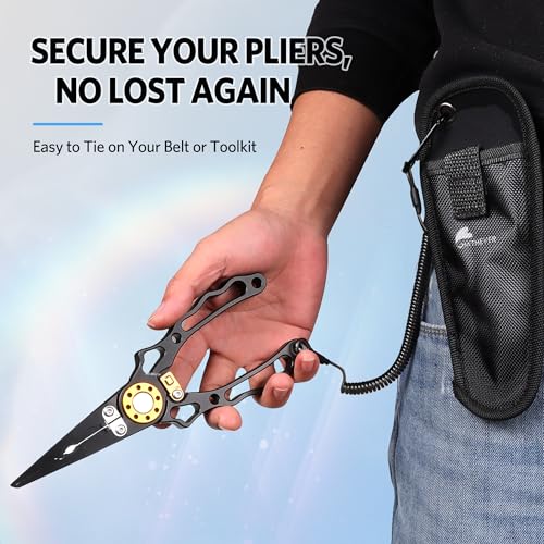Fishing Pliers Saltwater, Split Ring Pliers Hook Remover with Safety Lock, Fishing Tools with Sheath and Lanyard, Fishing Gifts for Men - color: Black