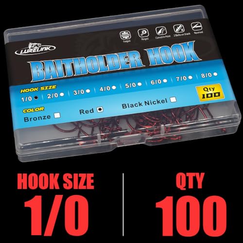 Baitholder Fishing Hooks 100 Pack - Double-Barbed Long Shank for Bluegill Bass Trout Walleye Black/Red, 8/0-#8 - color: 1-Red, size: 1/0 100-Pack