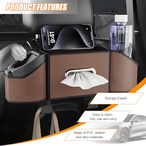 HZEL Car Seat Back Organizer, 7 in 1 Vehicle Backseat Storage Box with Cup Holder Tissue Box Trash Bin & Hooks, Multifunctional Auto Interior Headrest Organizer, Universal for SUV RV Truck (Brown) - color: Brown