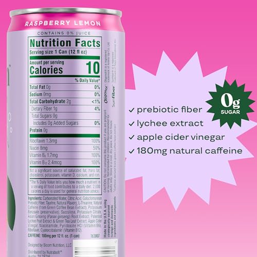 Bloom Nutrition Sparkling Energy Drink for Focus, Natural Caffeine, Zero Sugar, 180mg Caffeine, Antioxidant-Rich with Green Coffee Bean, Green Tea Extract, & Prebiotics, Raspberry Lemon 12oz 24 Pack - size: 12 Fl Oz (Pack of 24)