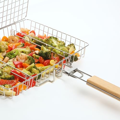 UNCO- BBQ Grill Basket, Folding Portable Stainless Steel BBQ Grill Basket with with Removable Wooden Handle & Basting Brush for Vegetables, Shrimp, Fish, Locking Grilling Basket for Outdoor, Camping - color: Wood Color Handle