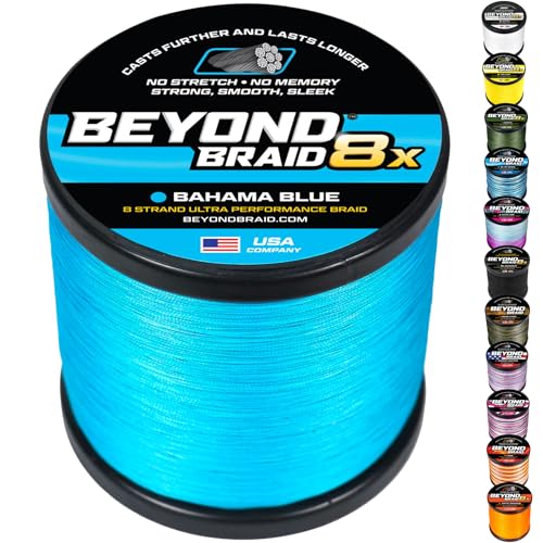 Beyond Braid Braided Fishing Line -Super Strong - Abrasion Resistant - No Stretch -Blue Camo, Moss Camo, White, Green, Pink, Blue, 4 Strand 8 Strand - color: Bahama Blue 8X - No Fade, size: 30LB (2000 Yards)