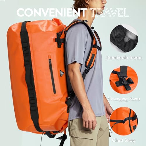 Haimont IPX7 Waterproof Roll-Top Dry Duffel Backpack | 60L/90L Sizes, 500D Tarpaulin, Welded Seams, Mesh Pockets, Boating & Kayaking - color: Orange, size: 90L